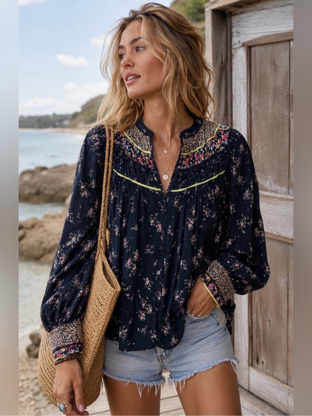 Free People Paloma Floral BlackYellow Boho Womens Blouse Cottagecore‎